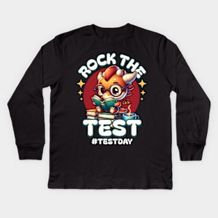 Rock The Test Testing Day Book Worm Motivational Teacher Kids Long Sleeve T-Shirt